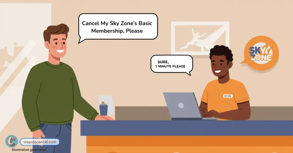 illustration of man visiting sky zone location to cancel his membership