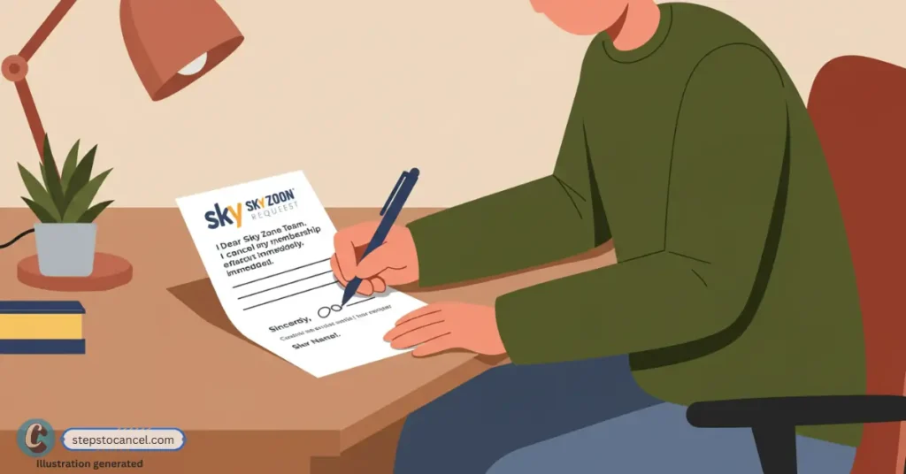 illustration of man writing cancellation letter to send via mail to sky zone