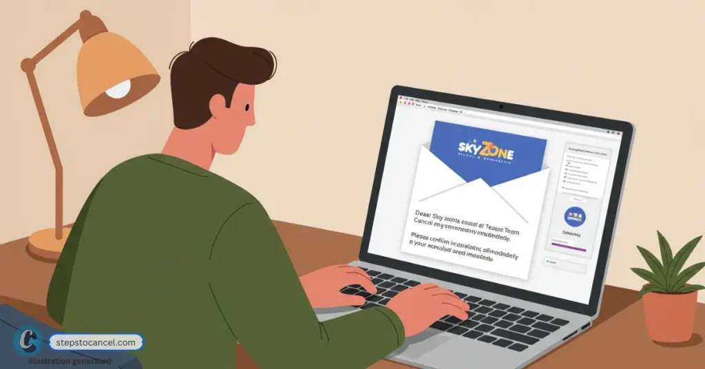 illustration of man writing cancellation email to sky zone