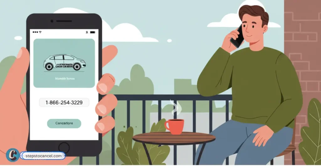 man dialing Mister car wash cancellation support number 1-866-254-3229 from phone