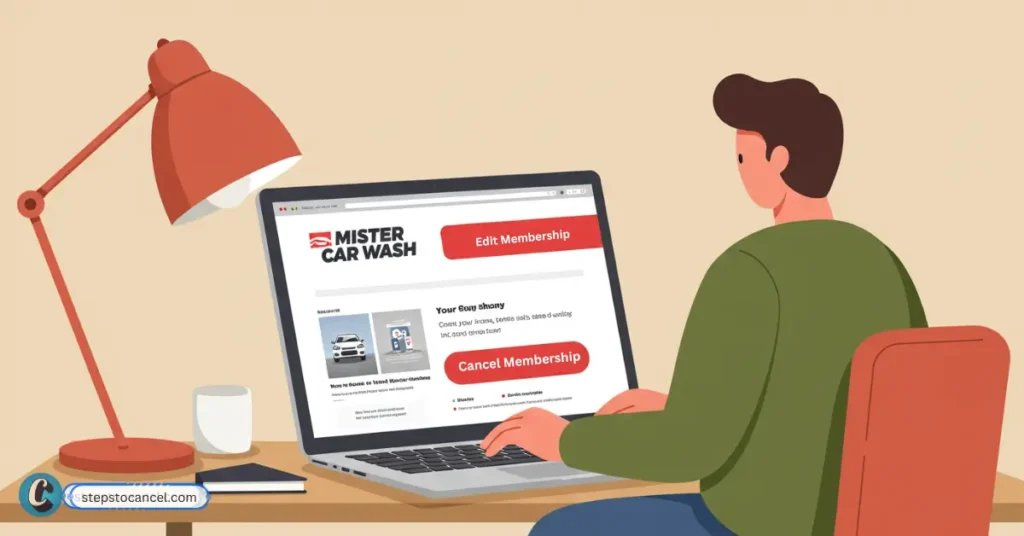 man canceling his mister car wash membership from laptop with big red cancellation button screen