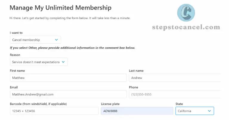 How to Cancel Go Car Wash Membership Online (5 Easy Steps) Online form to cancel an unlimited Go Car membership, showing fields for personal details, reason for cancellation, and vehicle information.