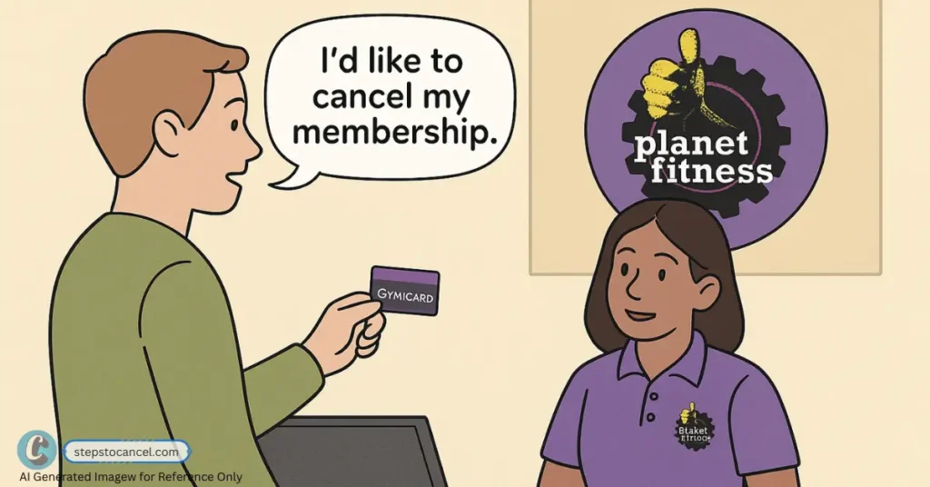 Illustration of a Man Cancelling Planet Fitness Membership In-Person at GYM