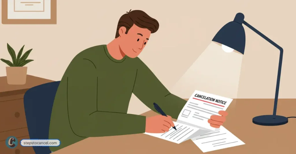 2 Simple Ways to Cancel MyFreeScoreNow Man writing a cancellation request letter to end his subscription with MyFreeScoreNow