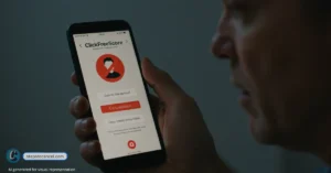 Smartphone screen shows ClickFreeScore app with red cancellation button for ending membership