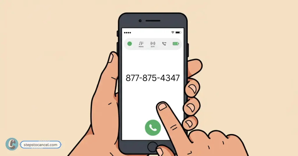 How to Cancel IdentityIQ: Step-by-Step Guide Close-up flat-style illustration of a smartphone screen showing the number 877-875-4347 being dialed, held by a light tan hand with bold outlines