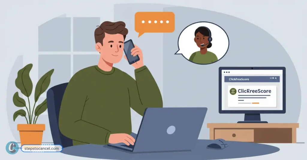 2 Easy Ways to Cancel your ClickFreeScore Membership Customer on laptop asking ClickFreeScore agent to cancel subscription; support rep smiles as process the request