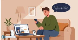 How to Cancel Experian Membership? man is sitting in his living room with a laptop and mobile phone on the table, visibly frustrated and confused while attempting to cancel his Experian membership