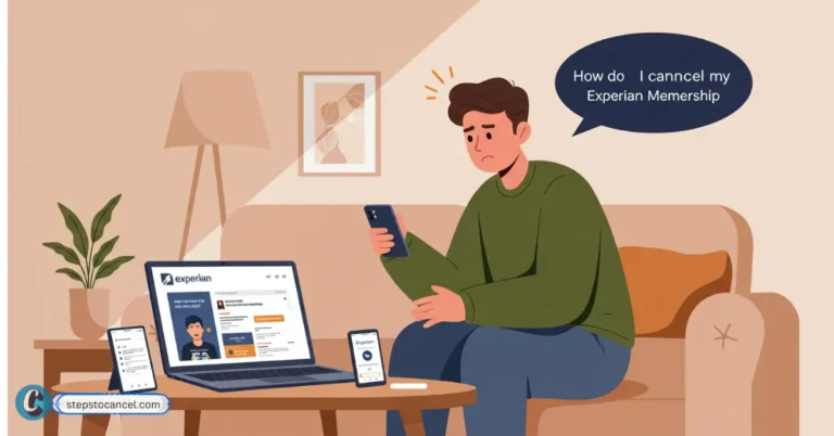 man is sitting in his living room with a laptop and mobile phone on the table, visibly frustrated and confused while attempting to cancel his Experian membership