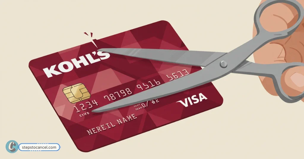 Canceling Kohl’s Credit Card shouldn’t be Hard—Here’s Simple Way A hand uses scissors to cut a red Kohl's credit card, symbolizing cancellation or closing an account.