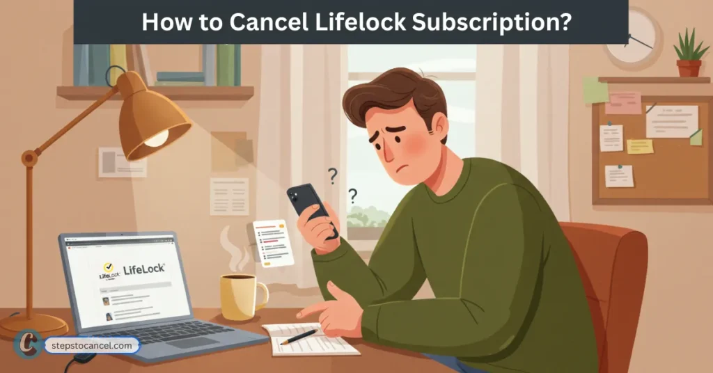 LifeLock Cancellation Made Simple: Avoid Renewal Fees Illustration of a person looking confused and frustrated while trying to cancel a LifeLock subscription on their phone, with a laptop showing the LifeLock website on the desk.