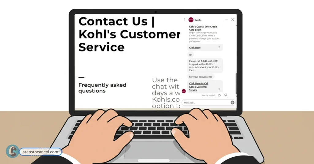 Canceling Kohl’s Credit Card shouldn’t be Hard—Here’s Simple Way Kohl's customer service page with an active chat window for cancellation support.
