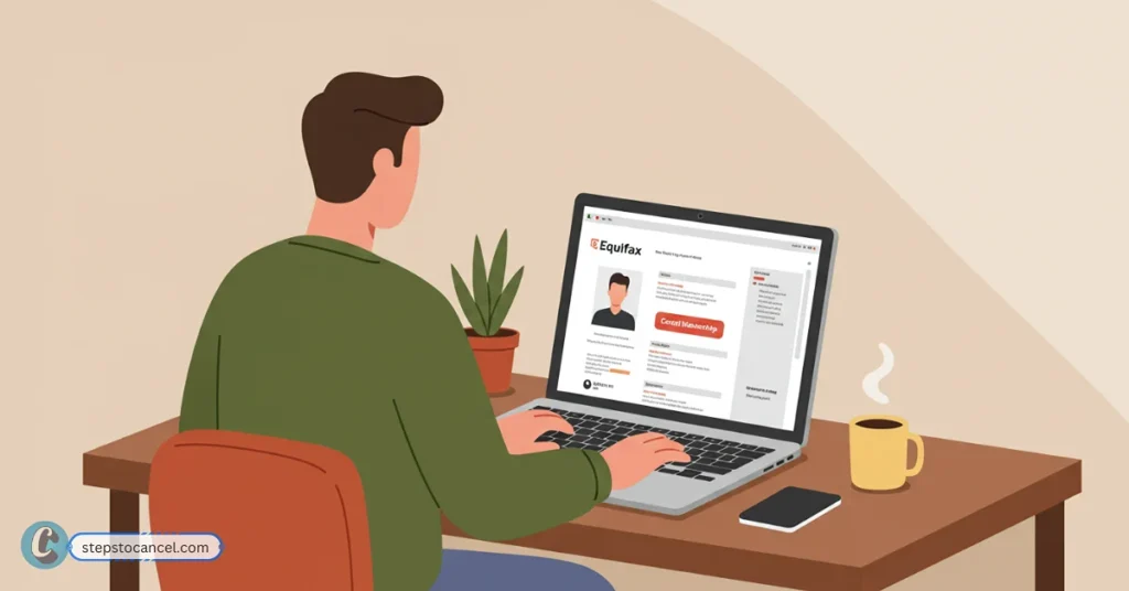3 Simple ways to Cancel your Equifax Membership Man on laptop cancelling Equifax membership, with 'Cancel Membership' button visible on screen.