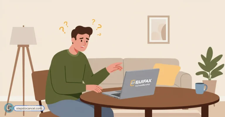 A man looking confused with question marks over his head, using a laptop with the 'Equifax' logo.