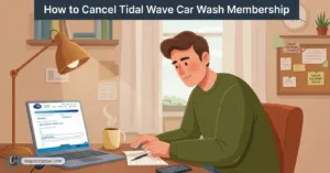 Man cancels Tidal Wave car wash membership online using a laptop.