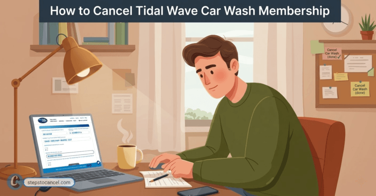 Man cancels Tidal Wave car wash membership online using a laptop.