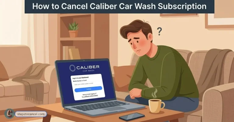 Illustration of man in a green sweater viewing the Caliber Car Wash login screen.